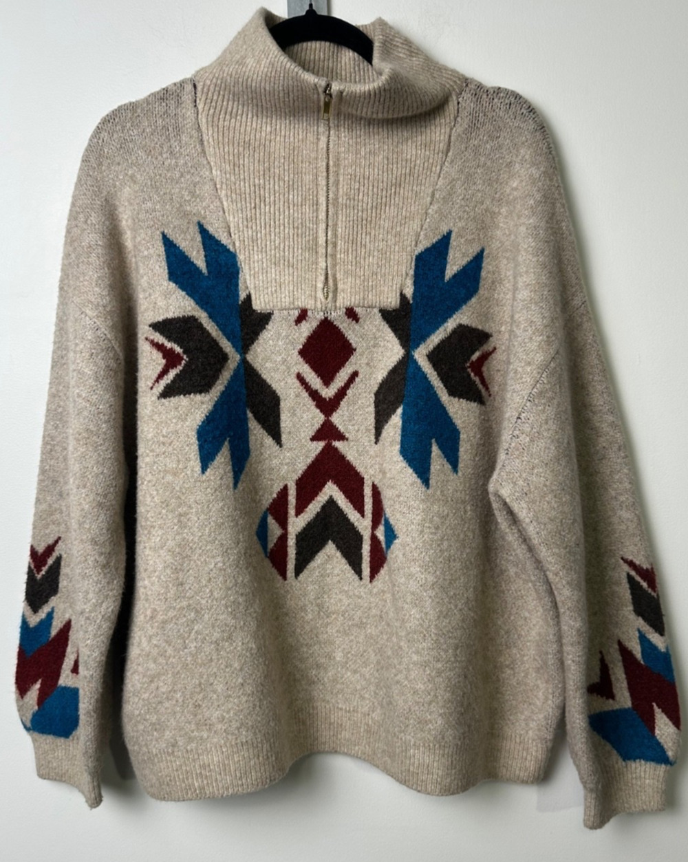 Ariat Fire Canyon sweater Womens XXL oatmeal blue 1/4 zip #NE285 Western A20